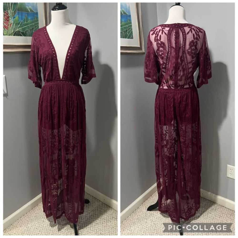 Honey Punch Lace Burgundy Shorts Romper Maxi Dress Size Large